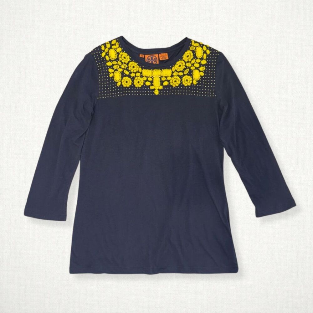 Tory Burch Beaded Embellished Navy Cotton Top Yellow Statement Boho Preppy M